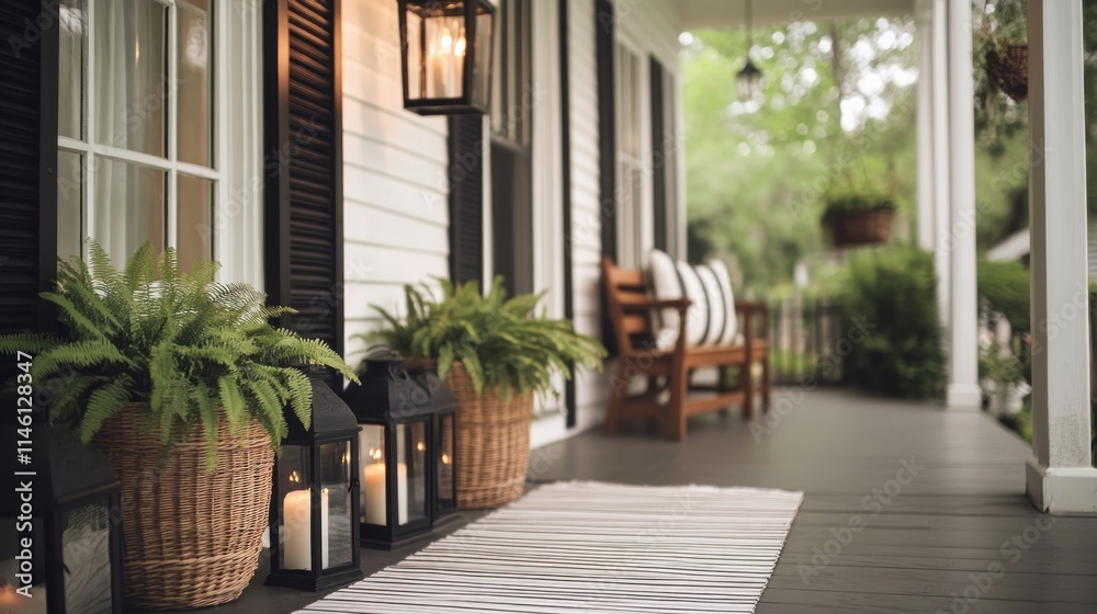 Cozy porch with lanterns, plants, and bench. Cozy porch with lanterns, plants, and bench.