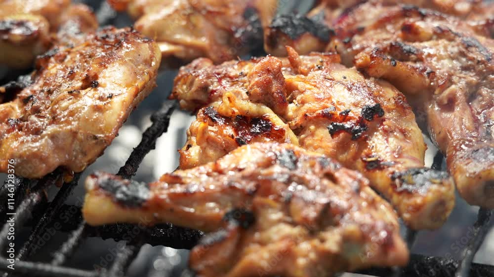 Home barbecue grilling of chicken drumstick on charcoal grill, Mahe, Seychelles 30fps 2. Home barbecue grilling of chicken drumstick on charcoal grill, Mahe, Seychelles 30fps 2.