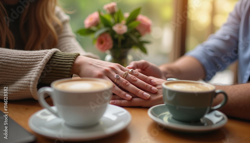 Romantic couple holding hands over coffee in a cozy café.