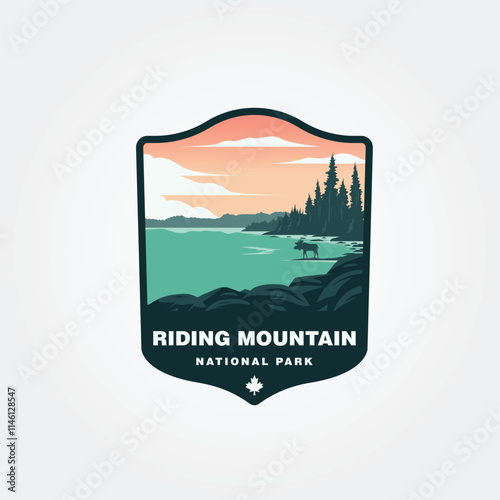 riding mountain national park vintage outdoor logo vector illustration design, moose on the lake watching the sunset illustration design