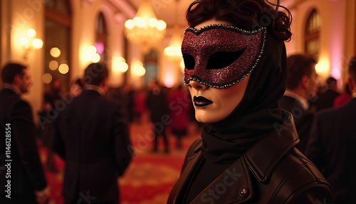 Woman in a mysterious mask at an elegant masquerade ball. photo