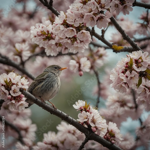 A songbird singing atop a cherry blossom tree.

