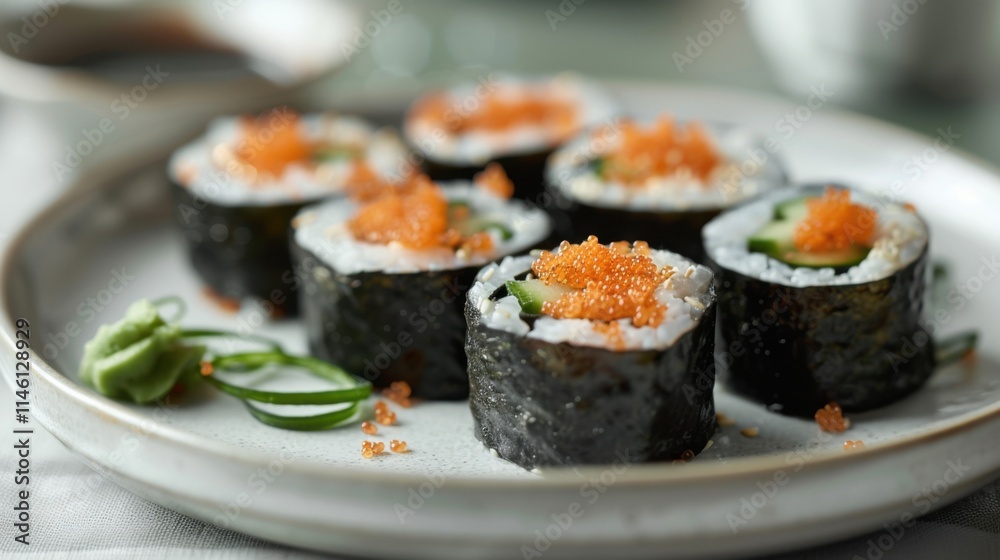 There are sushi rolls on a plate with sauce on top, food background There are sushi rolls on a plate with sauce on top, food background