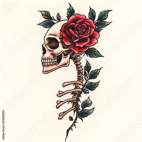 Skull and Rose Leg tattoo flash illustration photo