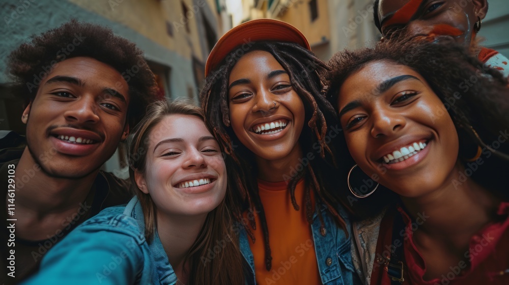 Fototapeta premium smiling multiethnic young group making selfie on the street