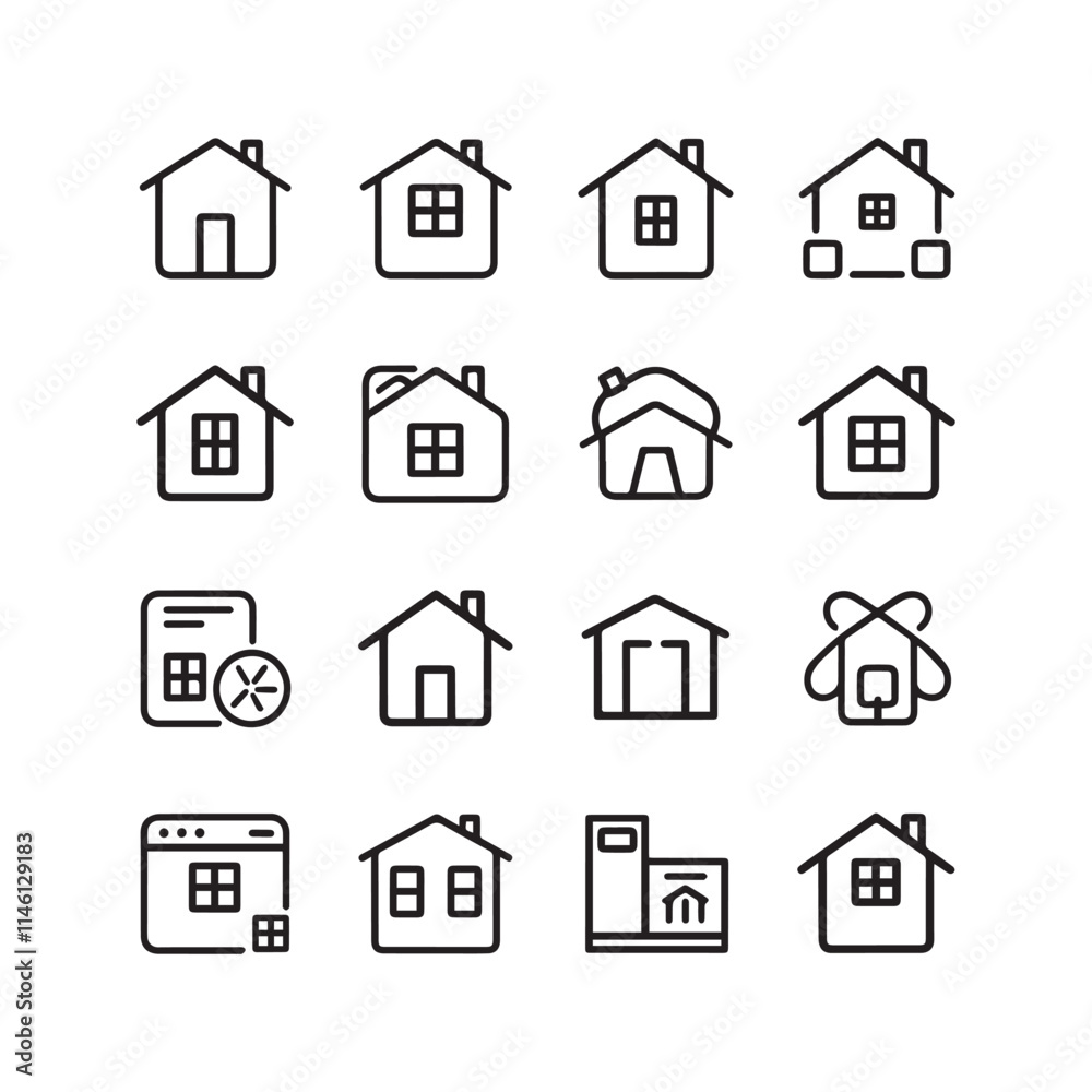 A sleek and versatile set of 16 minimalist home icons tailored for web design projects
