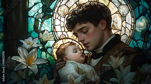 A stunning stained-glass artwork of Saint Anthony of Padua holding baby Jesus, both surrounded by a serene glow, intricate patterns of soft blue and green hues framing the scene,