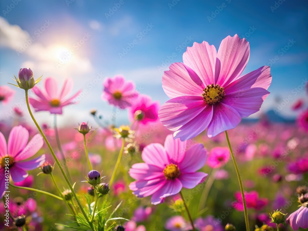 A breathtaking summer field of cosmos flowers, their vibrant pink and purple hues painting a natural masterpiece. A breathtaking summer field of cosmos flowers, their vibrant pink and purple hues painting a natural masterpiece.