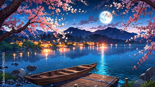 Serene Moonlit Night in a Picturesque Village by the Lake