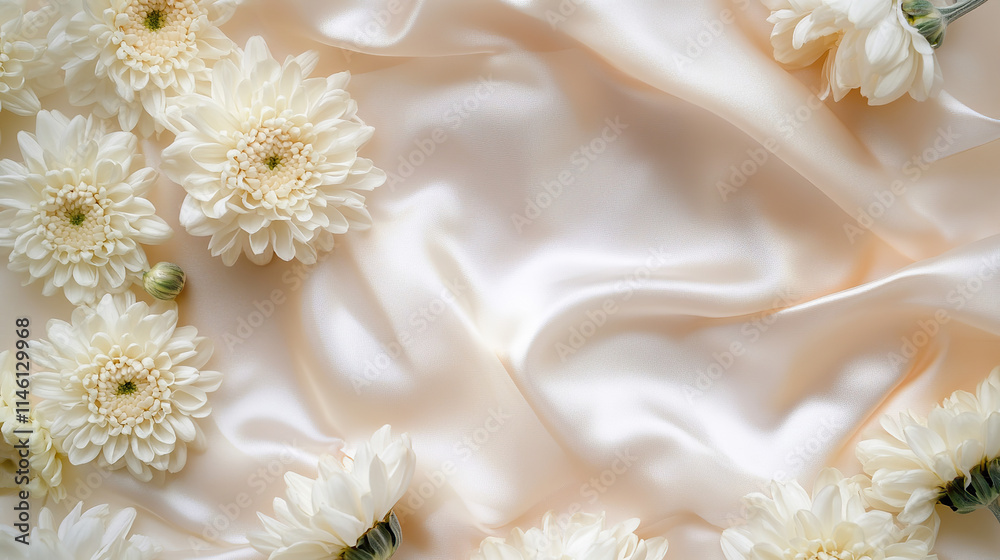 Elegant White Chrysanthemums on Soft Satin Fabric Elegant White Chrysanthemums on Soft Satin Fabric