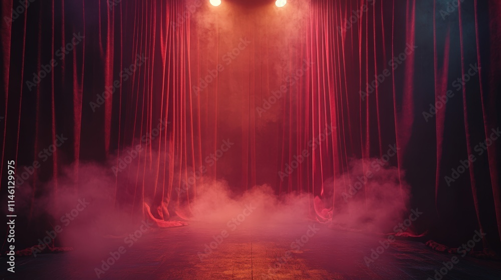 Dramatic Red Velvet Curtains Partially Open on an Empty Stage Surrounded by Smoke and Lighting Effects for Theatrical Productions Dramatic Red Velvet Curtains Partially Open on an Empty Stage Surrounded by Smoke and Lighting Effects for Theatrical Productions