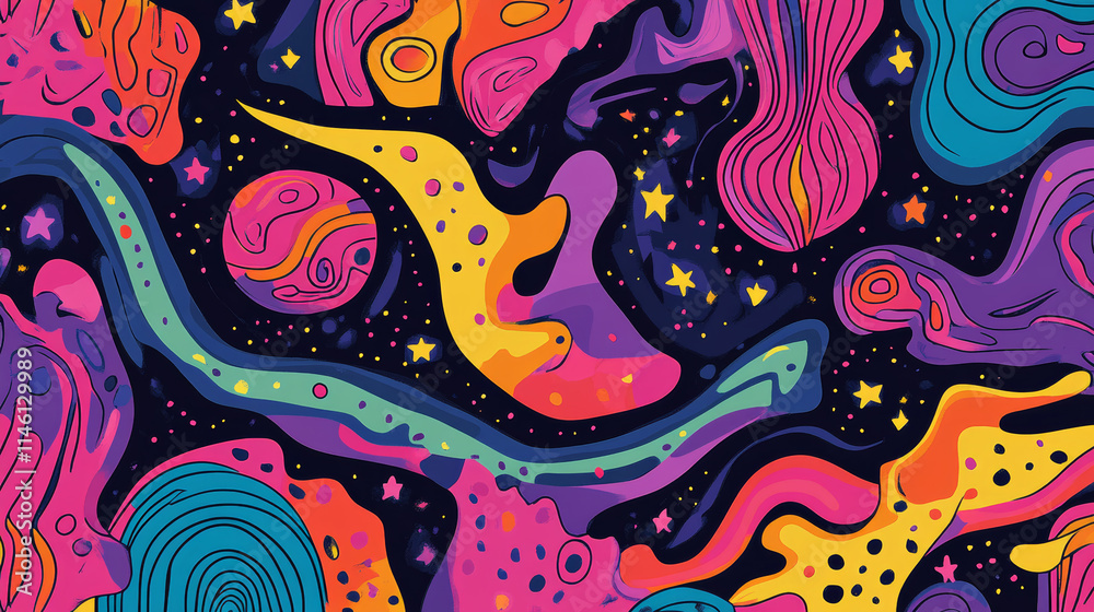 Colorful abstract cosmic design with swirling patterns and bright celestial elements in a vibrant night sky Colorful abstract cosmic design with swirling patterns and bright celestial elements in a vibrant night sky