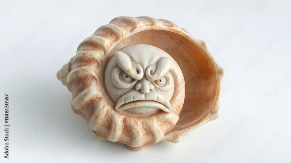 A conch shell with a carved frowning face on its spiraled surface, showcasing intricate details and natural patterns, isolated on a clean white background, ultra-clear in 8K A conch shell with a carved frowning face on its spiraled surface, showcasing intricate details and natural patterns, isolated on a clean white background, ultra-clear in 8K