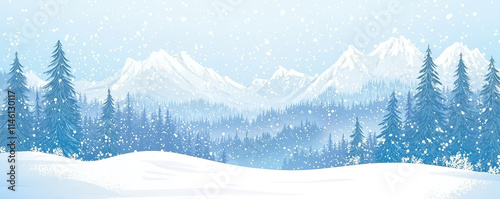 Snowy mountain landscape. Vector blue silhouette of mountains, hills and forest. Holiday background with pine, spruce, Christmas tree. Winter nature. Banner with evergreen coniferous trees for website