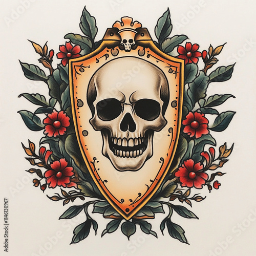 Skull and Shield tattoo flash illustration photo