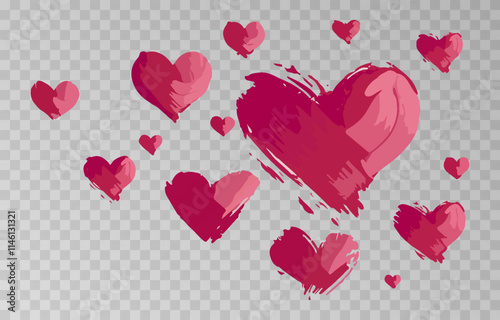 Vector red hearts png. Border of hearts on isolated transparent background. Valentine's day background with hearts.