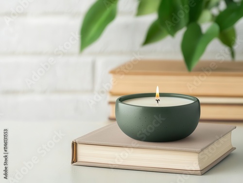 library shelves and candles. A wellness corner in the library with books about self-care and shelves decorated with calming aromatherapy candles, library shelves candles, relaxing and inspiring photo