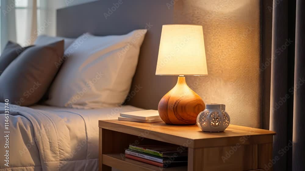 Close-up of a bright table lamp near the bed	

