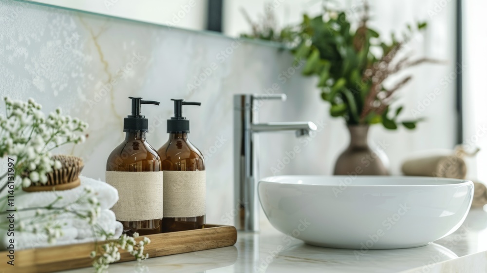 Modern bathroom interior with a sink and organic soap dispensers Modern bathroom interior with a sink and organic soap dispensers