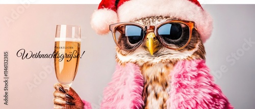 Weihnachtliche Eule mit Champagner feiert Weihnachten photo