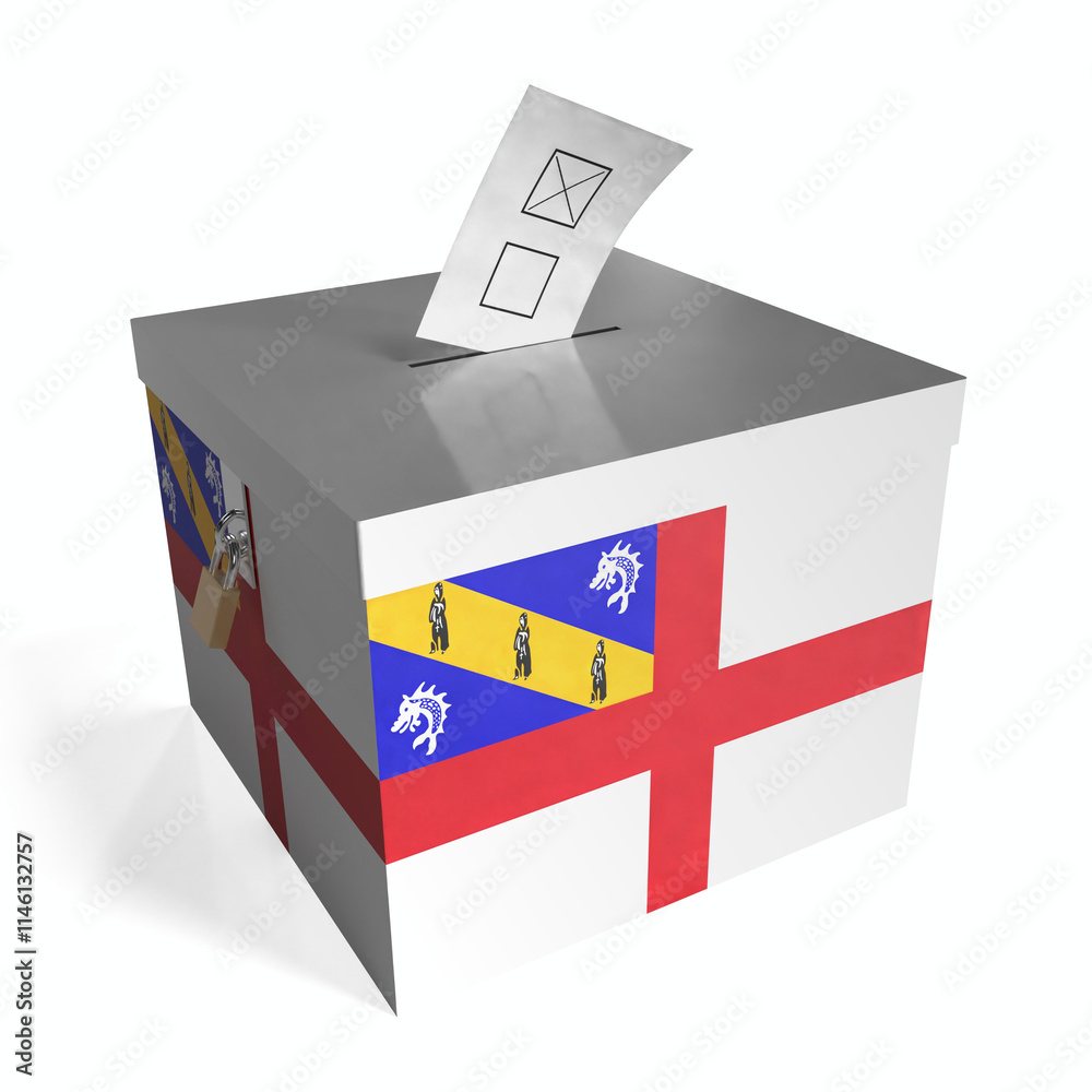 Herm - ballot box with flag - 3D illustration Herm - ballot box with flag - 3D illustration