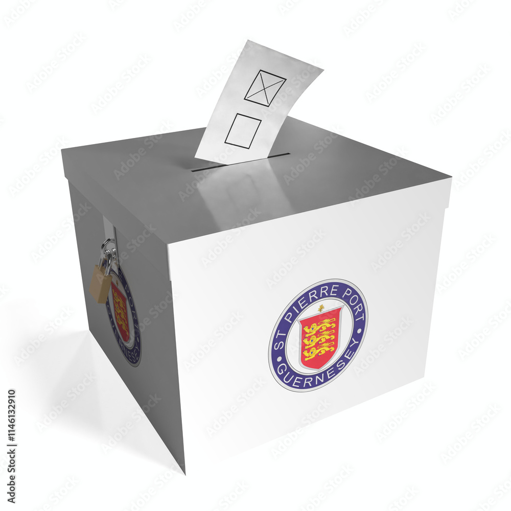 Saint Peter Port Guernsey - ballot box with flag - 3D illustration Saint Peter Port Guernsey - ballot box with flag - 3D illustration