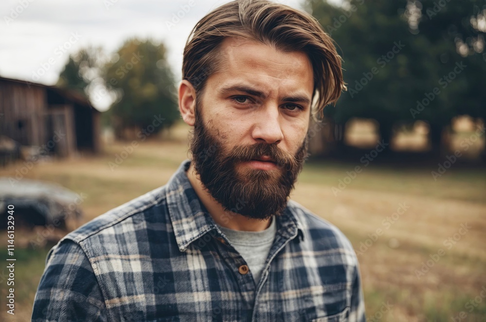 Man with long beard in plaid shirt at a rustic farm Man with long beard in plaid shirt at a rustic farm