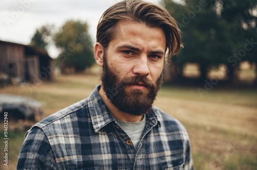 Man with long beard in plaid shirt at a rustic farm