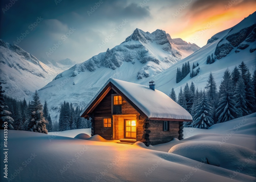 Fototapeta premium Cozy cabin nestled in a snowy mountain holiday scene.