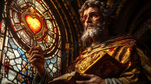 Saint Augustine in a vibrant stained-glass depiction, holding a flaming heart with radiant light and a book of wisdom,