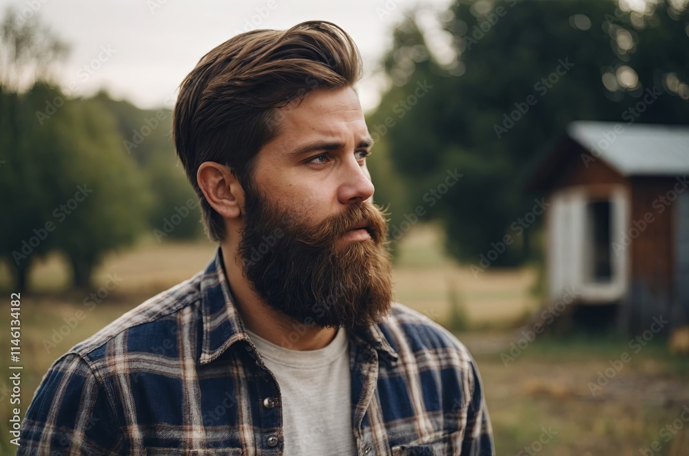 Man with a beard stands outdoors near a rustic cabin in nature