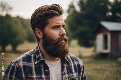 Man with a beard stands outdoors near a rustic cabin in nature