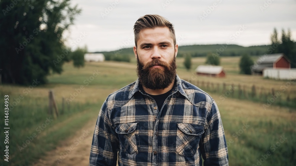 Bearded man stands on dirt road in rural landscape near barns Bearded man stands on dirt road in rural landscape near barns