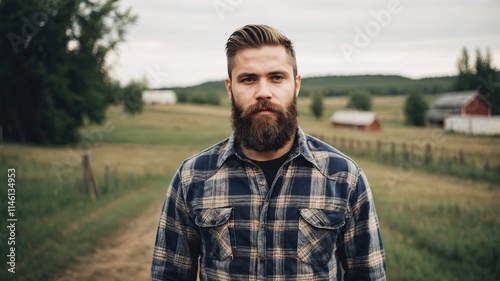 Bearded man stands on dirt road in rural landscape near barns