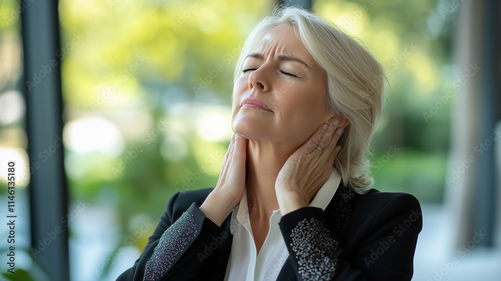 Senior Businesswoman Experiencing Neck Pain, Stress Relief in Natural Setting Senior Businesswoman Experiencing Neck Pain, Stress Relief in Natural Setting