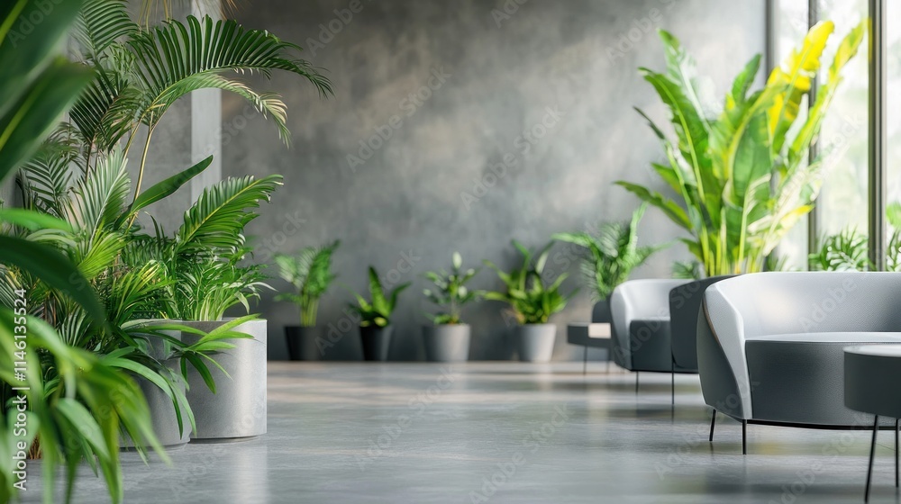 Fototapeta premium Office Waiting Room with Grey Furniture and Greenery