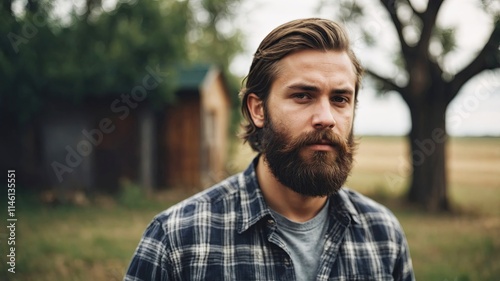 Handsome man with beard poses outdoors on a farm in summer