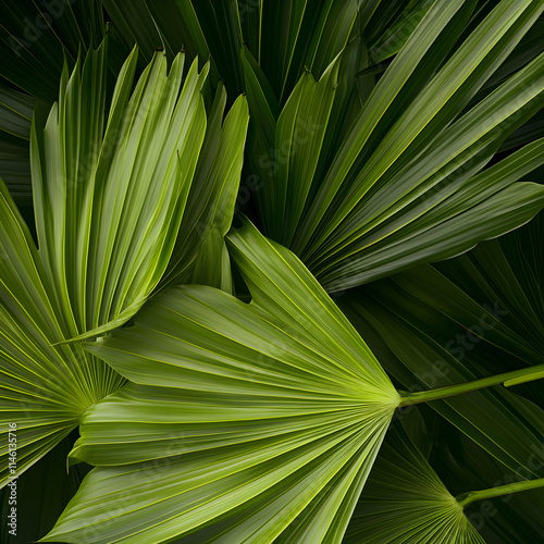 A close-up view of lush green palm leave overlapping each other, creating a dense, natural pattern. The leaves are illuminated by soft, low lighting that highlights their rich textures. photo