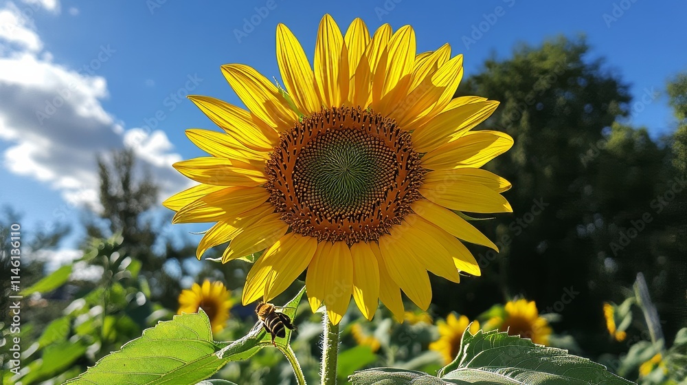 A single yellow sunflower with bees buzzing around, low-angle shot, Nature style A single yellow sunflower with bees buzzing around, low-angle shot, Nature style