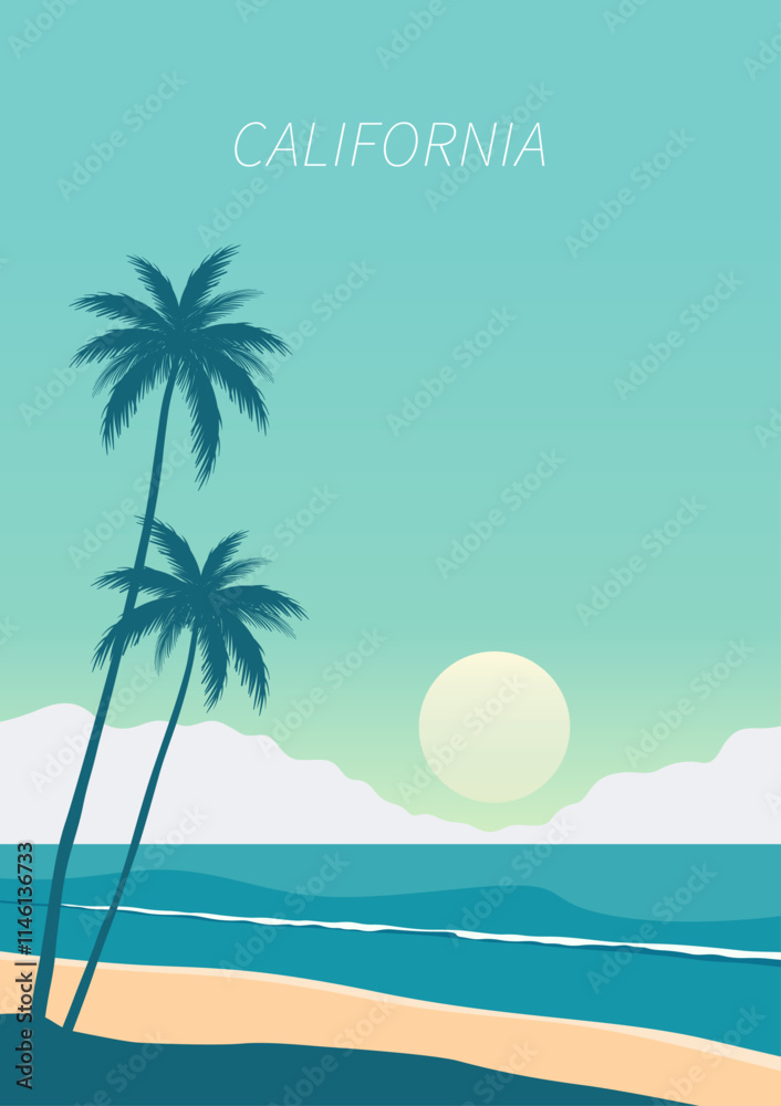 Fototapeta premium California poster with beach landscape, palm tree, sea sunset, sky. Silhouette vector illustration in minimalist style.