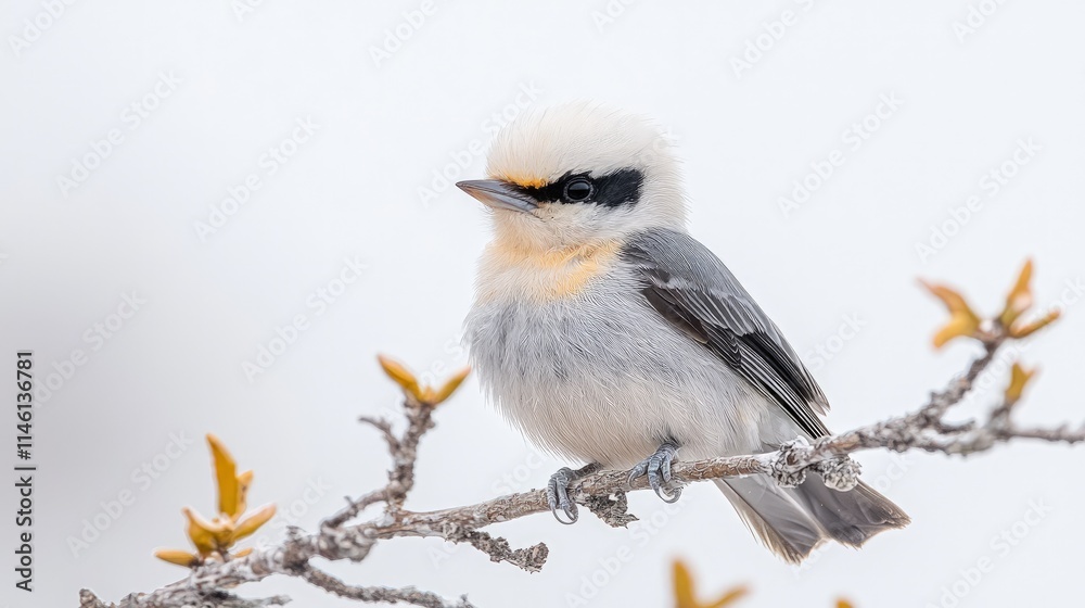 Obraz premium A fluffy white and grey bird perched on a branch.