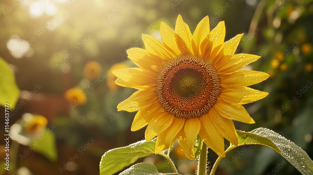 Naklejka premium A single yellow sunflower with water droplets on its petals, close-up shot, Fresh style