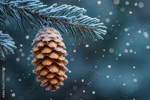 Frosty pine cone hanging from a snow covered pine tree branch with a bokeh background