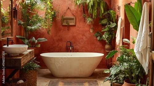 A vibrant bohemian bathroom with terracotta walls, eclectic decor, and lush greenery for a tropical feel.
