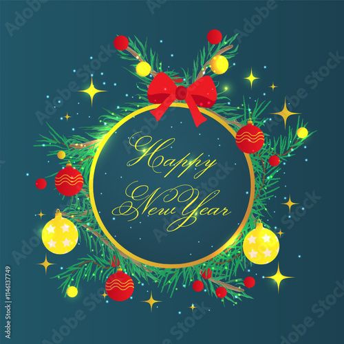 Postcard with the inscription Happy New Year. Christmas wreath with toys. Vector illustration.