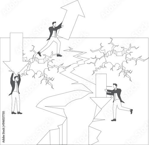 Falling arrows shattering and destroying the ground, merchants struggling to stop further deterioration of the cracks in the ground, economic decline and financial crisis, falling incomes and gradual 