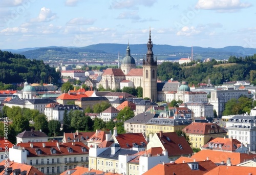 A vibrant daytime view of Bratislava's cityscape in Slovakia, featuring the iconic St. Martin's Cathedral surrounded by historic architecture, modern buildings, and the serene flow of the Danube River photo