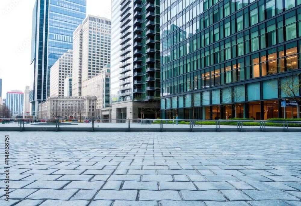 Fototapeta premium Empty brick floor and modern city buildings background