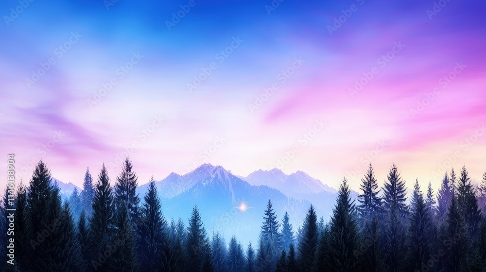Obraz premium Vibrant sunset over majestic mountains and pine forest.