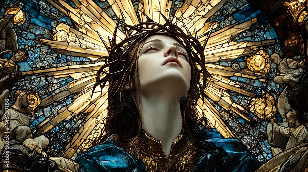 Obraz premium Saint Catherine of Siena portrayed in a breathtaking stained-glass artwork, wearing a crown of thorns and surrounded by bright celestial imagery,